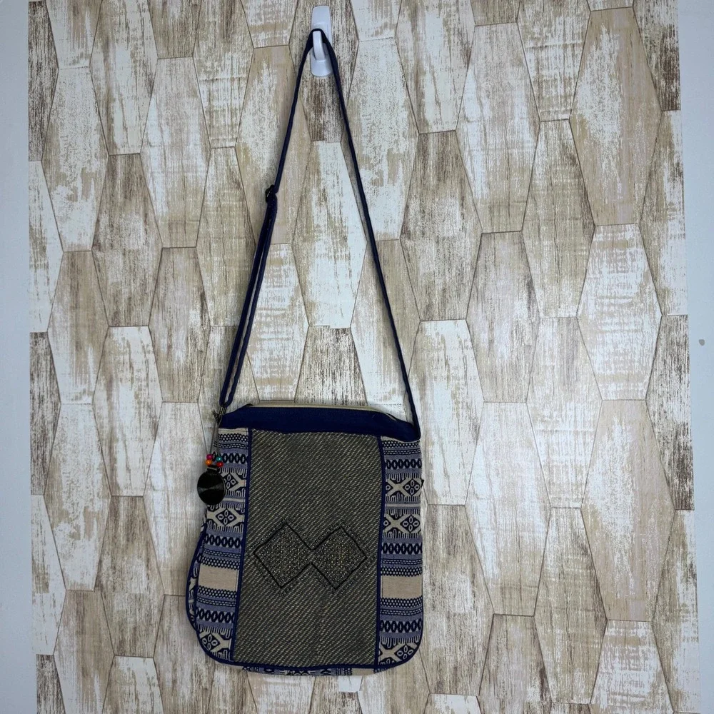 Vintage Catori Boho Embroidered Crossbody Bag Blue Tan Beaded‎ Charm